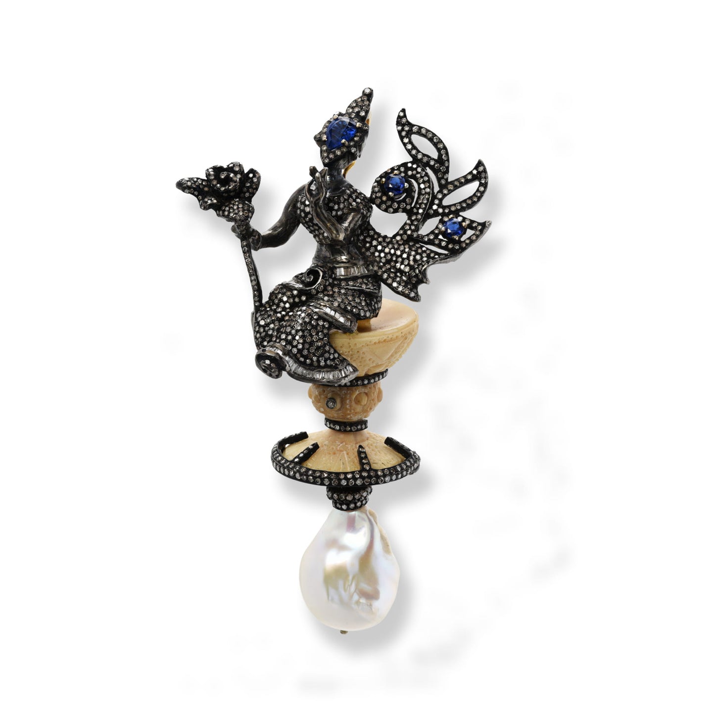 Kyanite, Bone & Pearl Pendant / Brooch