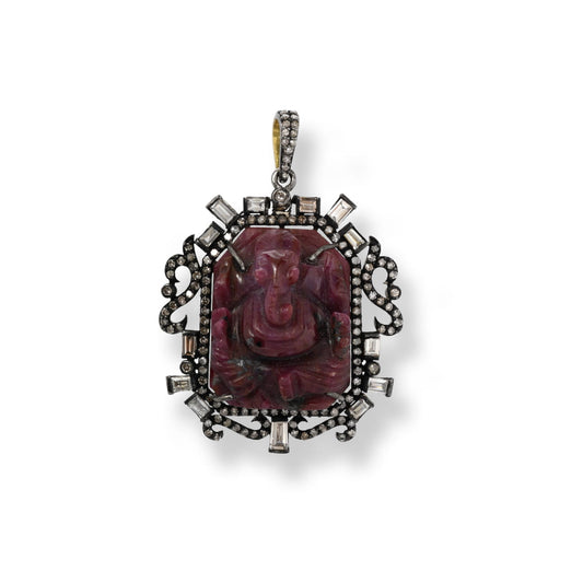 Carved Ruby Ganesh Baguette Pendant