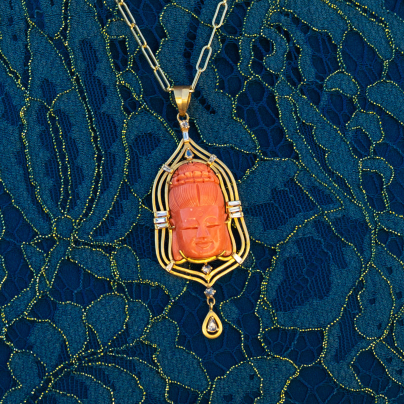 Carved Coral Buddha Pendant