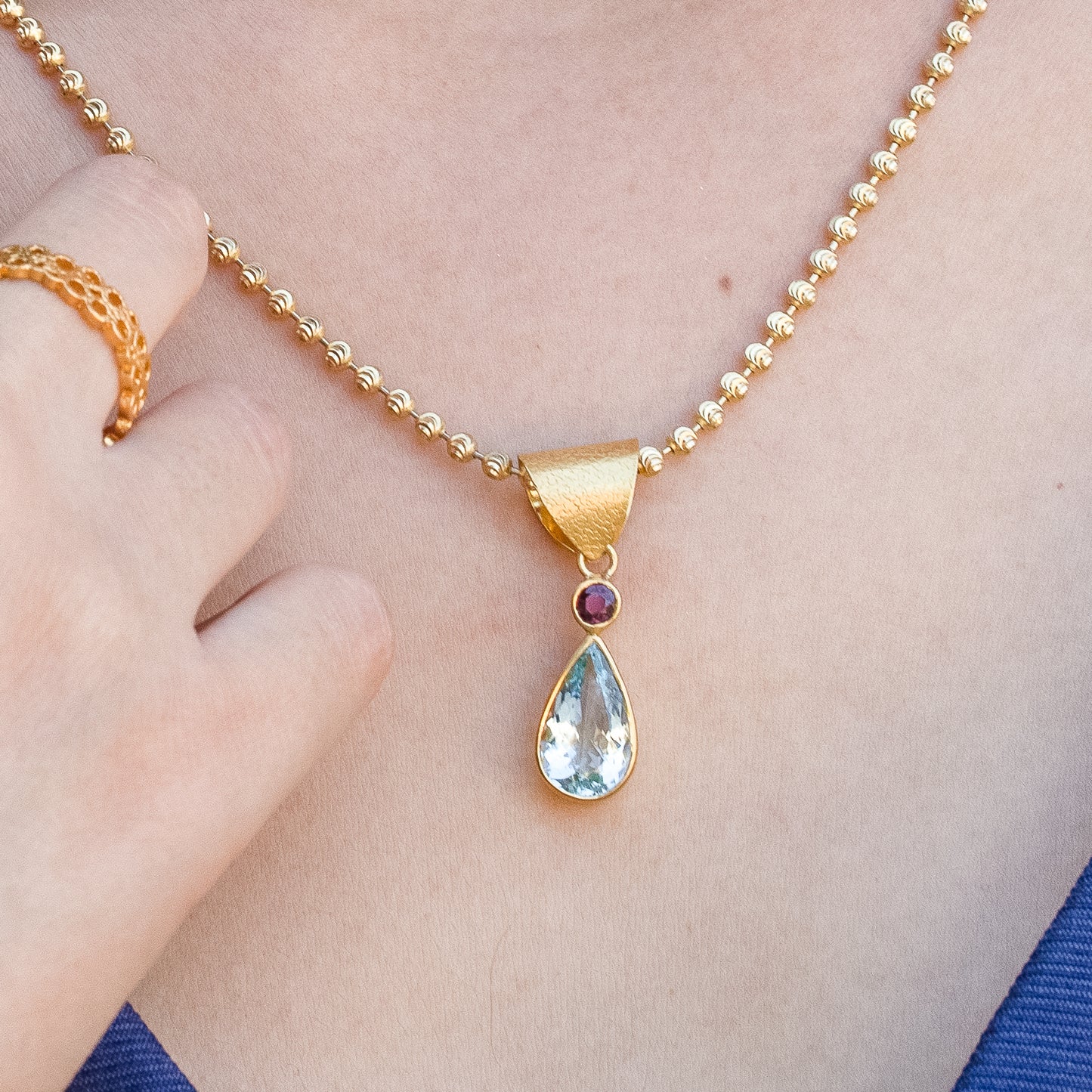 Aquamarine Pear & Ruby Pendant