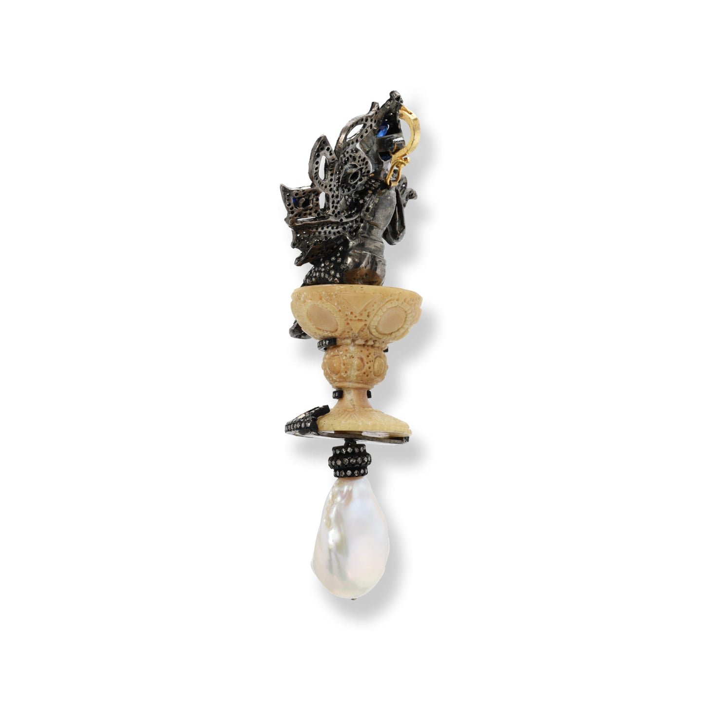 Kyanite, Bone & Pearl Pendant / Brooch